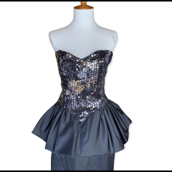 Vintage 80s Black Satin Dress Silver Sequins Peplum Size Medium - Picture 3 of 7